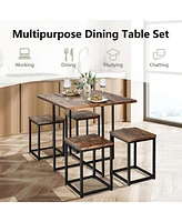 Sugift 5 Pieces Metal Frame Dining Set with Compact Table and 4 Stools -Walnut