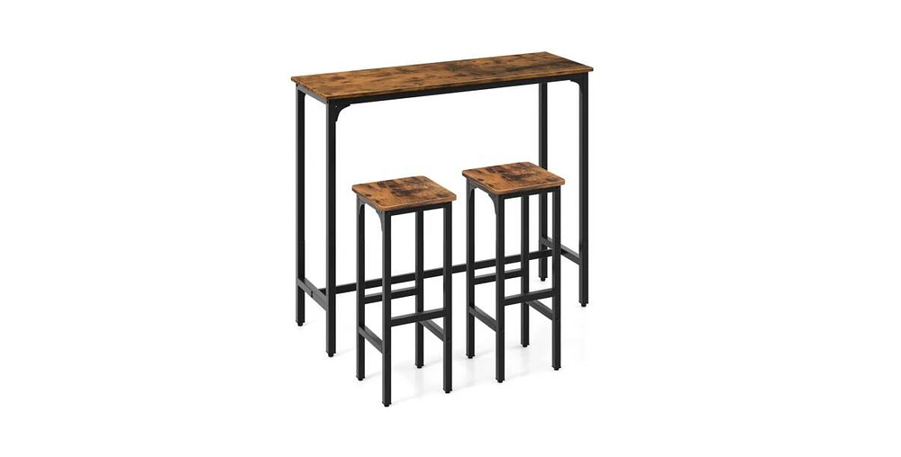 Sugift 3 Pieces Industrial Bar Table and Chairs Set with Metal Frame-Rustic Brown