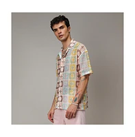 Campus Sutra Men's Lemon Yellow & Chocolate Brown Geometric Block Oversized Shirt