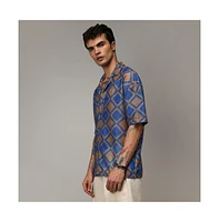 Campus Sutra Men's Royal Blue & Mocha Brown Geometric Block Oversized Shirt