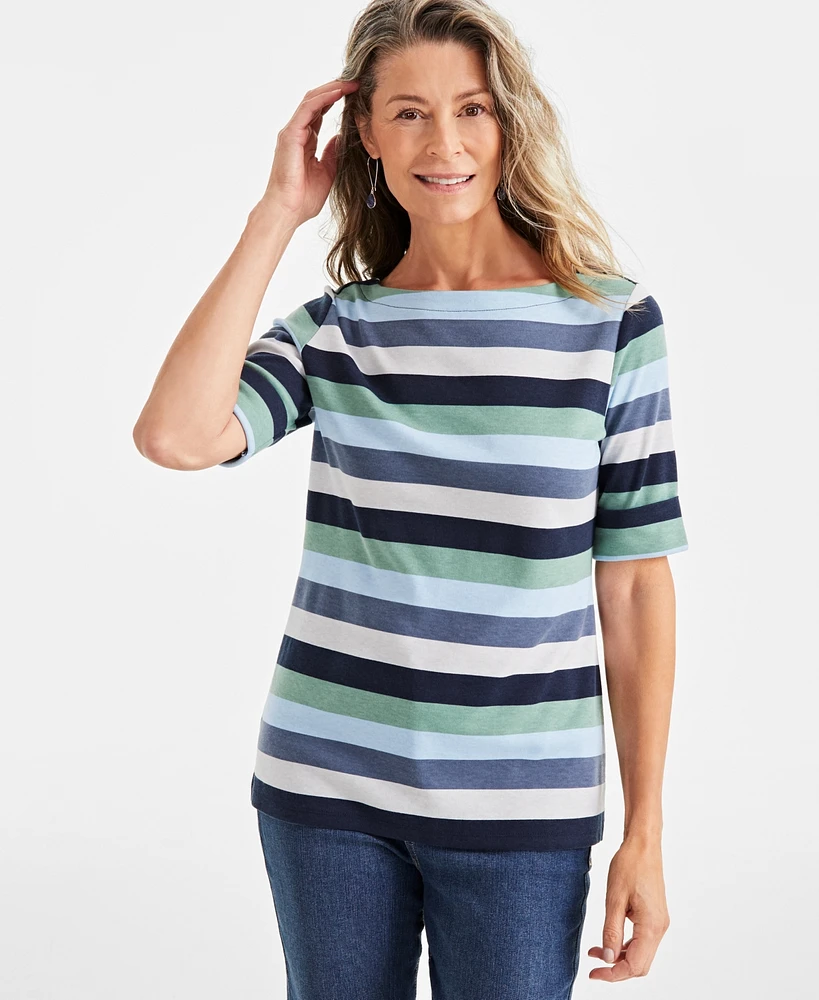 Style & Co Petite Block Striped Elbow-Sleeve Top, Created for Macy's