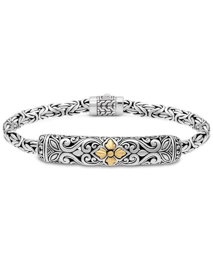 Devata Bali Flower with Dragon Bone Chain Bracelet in Sterling Silver and 18K Gold, Large 8 in