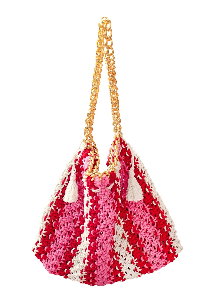 Cannes Colette Macrame Beach Bag In Pink & Red