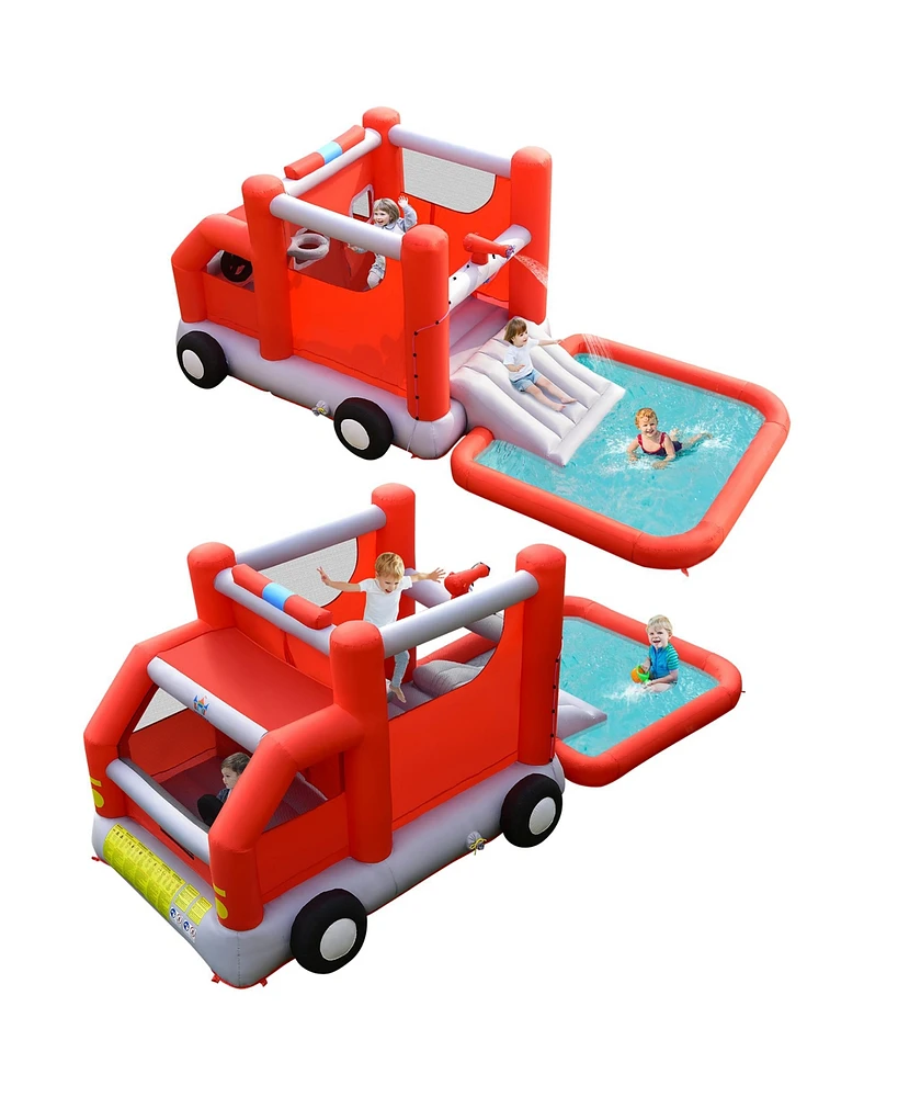 Costway Fire Truck Themed Inflatable Castle Water Park Kids Bounce House Blower Excluded