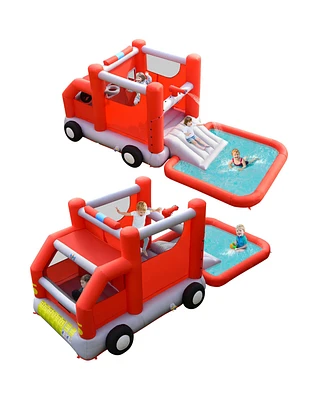 Costway Fire Truck Themed Inflatable Castle Water Park Kids Bounce House Blower Excluded