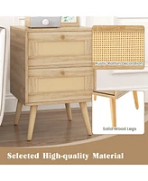 Sugift Rattan Nightstand Boho Accent Bedside Table with 2 Storage Drawers