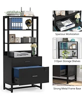 Tribesigns 2 Drawer Vertical File Cabinet with Lock & Bookshelf, Letter Large Modern Filing Printer Stand Open Storage Shelves for H