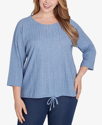 Hearts Of Palm Plus Size Lets Rendez-Blue Solid 3/4 Sleeve Top