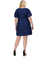 Vince Camuto Plus Puff-Sleeve Jacquard Fit & Flare Dress