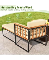 Skonyon Patio Acacia Wood Armchair with Long Ottoman and Seat Back Cushions