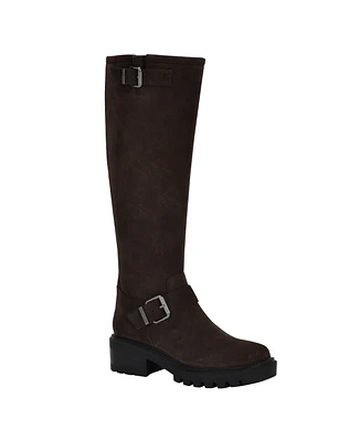 Guess Women's Lenni Knee High Suede Lug Sole Buckle Riding Boots