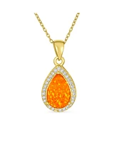 Bling Jewelry Elegant Cz Accent Halo Solitaire Mexican Orange Synthetic Opal Teardrop Necklace Pendant For Women 14K Yellow Gold Sterling Silver