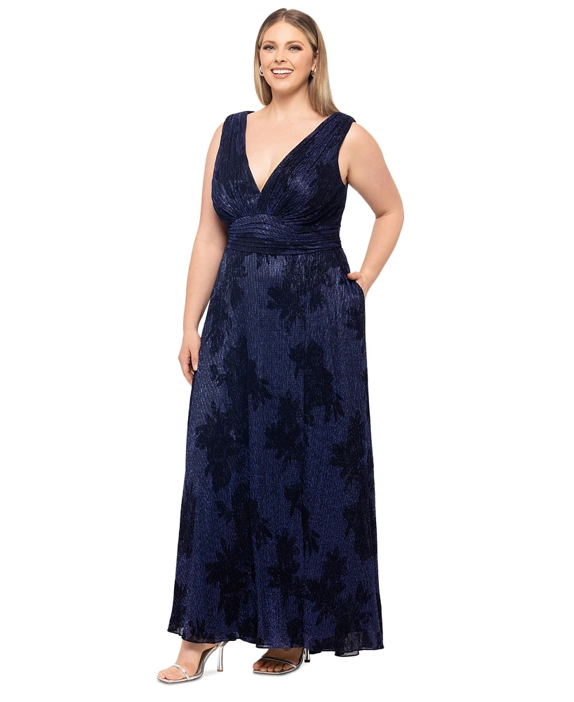 Betsy & Adam Plus Crinkle Sleeveless V-Neck Gown