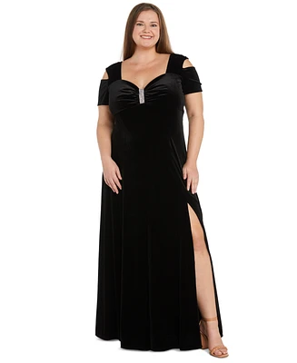 R & M Richards Plus Size Velvet Cold-Shoulder Gown