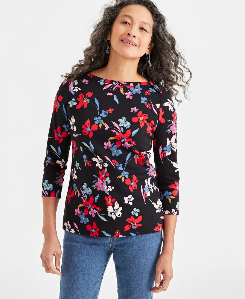 Style & Co Women's Pima Cotton Printed 3/4-Sleeve Top, Created for Macy's