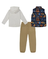 Kids Headquarters Toddler and Little Boys, Transport-Themed 3Peice Puffer Vest Twill Joggers Set