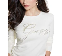 Guess Women's Olive Embellished Logo Long-Sleeve Sweater