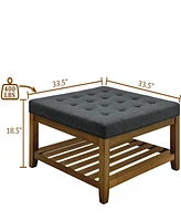 Linen-Tufted Coffee Table Ottoman with Beechwood Shelf and Frame