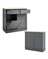 Costway Wooden Kitchen Trash Cabinet Tilt Out Bin Holder with Drawer & Storage Shelf