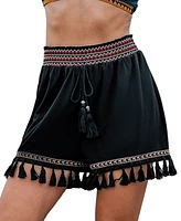 Cupshe Women's Black Elastic Waist Tassel Hem Straight Leg Shorts