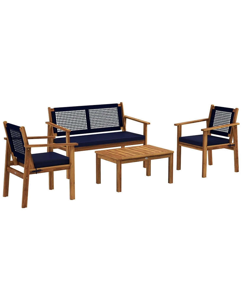 Outsunny 4pc Wood Outdoor Patio Furniture Set with Cushions, Blue