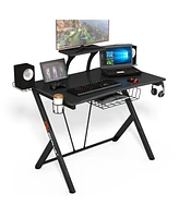 Sugift Multifunctional E-Sport Gaming Desk with Headset Hook and Cup Holder