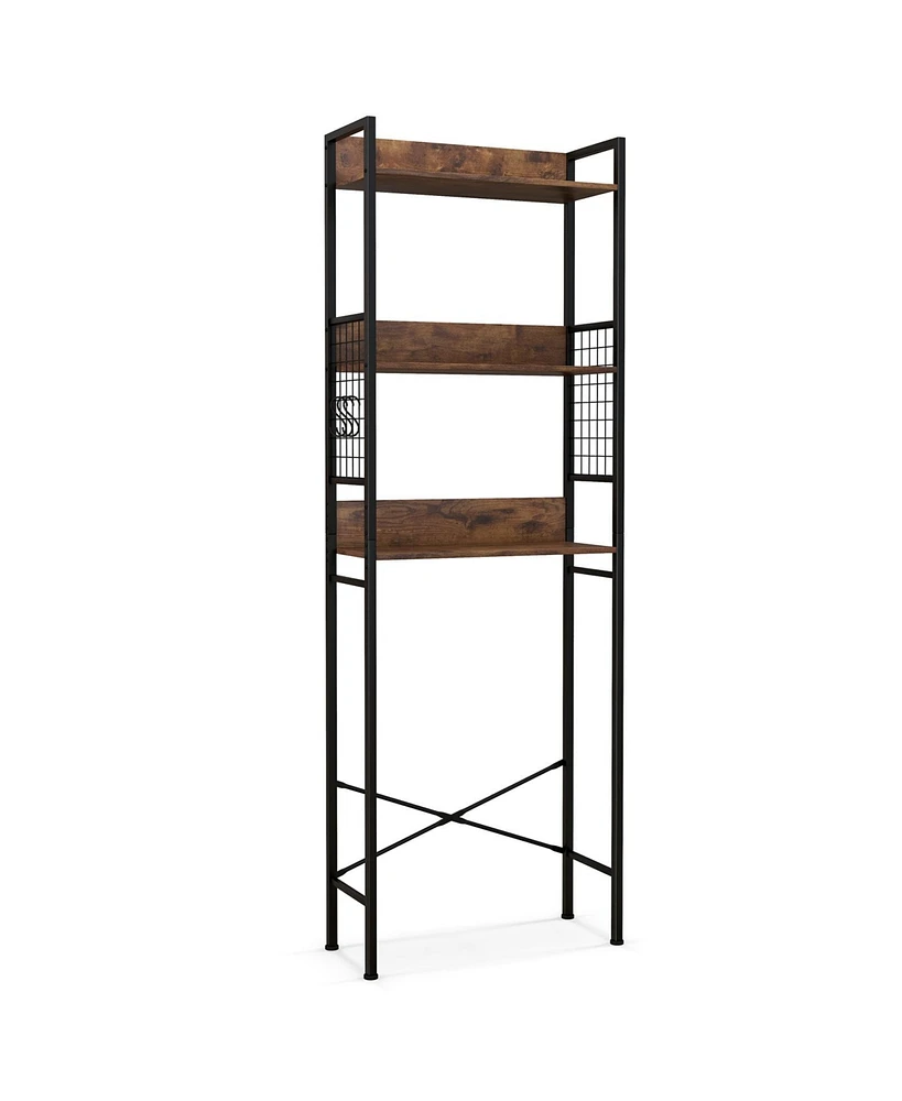 Sugift 3-Tier Over-the-Toilet Storage Rack with 3 Hooks-Rustic Brown