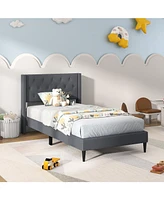Sugift Twin Upholstered Platform Bed with Button Tufted Wingback Headboard-Blue