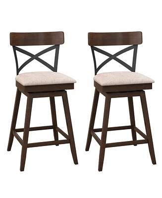 Sugift Set of 2 Wooden Swivel Bar Stools with Cushioned Seat and Open X Back-25 Inch