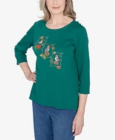 Alfred Dunner Petite Classics Birds with Hats Detailed Crew Neck Top