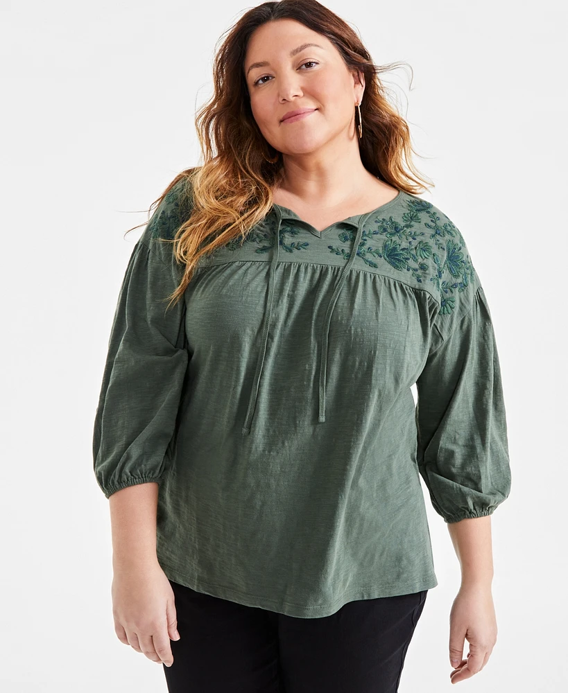 Style & Co Plus Embroidered-Yoke 3/4-Sleeve Top, Created for Macy's