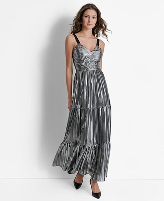 Dkny Women's Foil Plisse V-Neck Sleeveless Maxi Dress