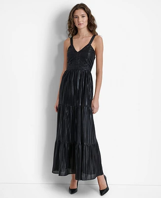 Dkny Women's Foil Plisse V-Neck Sleeveless Maxi Dress