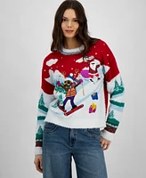 Hooked Up by Iot Juniors' Santa Reindeer Skiing Graphic Sweater