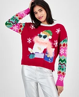 Hooked Up by Iot Juniors' Glam Cat Christmas Sweater