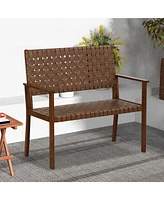 Patio Loveseat All Weather Bench with Solid Rubber Wood Frame&Hand Woven Pu Leather