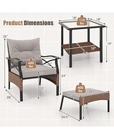 Vebreda 5 Pieces Wicker Patio Furniture Set Ottomans and Cushions and 2-Tier Tempered Glass Side Table-Brown