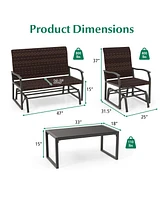 Vebreda 4 Piece Patio Gliding Set Wicker Swing Glider Furniture Set All Weather witrh Tempered Glass Coffee Table-Brown