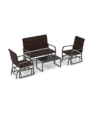 Vebreda 4 Piece Patio Gliding Set Wicker Swing Glider Furniture Set All Weather witrh Tempered Glass Coffee Table-Brown