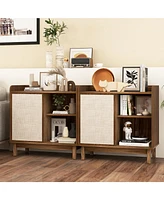 Sugift Rattan Buffet Sideboard Mid Century Floor Storage Cabinet with Sliding Door and Adjustable Shelves