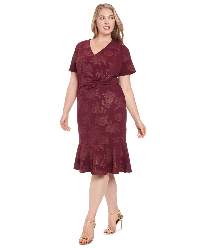 London Times Plus Size Side-Twist Flounce-Hem Sheath Dress