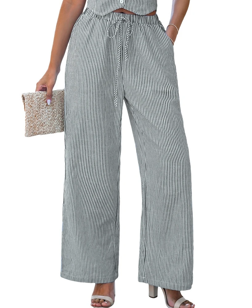 Cupshe Women's Grey Striped Elastic Waist Straight Leg Pants