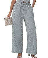 Cupshe Women's Grey Striped Elastic Waist Straight Leg Pants