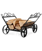 Sugift Firewood Rack Decorative Rustproof Steel Fireplace Log Holder with Wheels