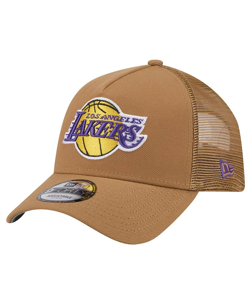 New Era Men's Tan Los Angeles Lakers 9FORTY A-Frame Trucker Adjustable Hat