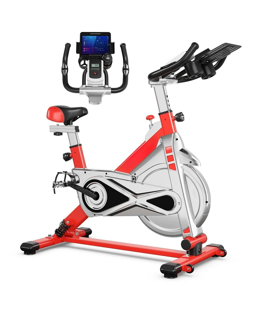 Skonyon Stationary Silent Belt Adjustable Exercise Bike with Phone Holder and Electronic Display-Red