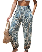 Cupshe Women's Blue Damask Smocked Waist Tapered Leg Pants