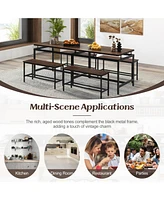 Vebreda 3 Pieces Dining Table Set with Wooden Kitchen Table and 2 Benches-Brown