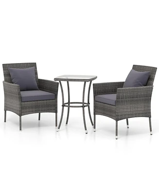 Skonyon 3 Pieces Patio Furniture Set with Cushioned Patio Chairs and Tempered Glass Coffee Table-Gray