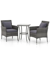 Skonyon 3 Pieces Patio Furniture Set with Cushioned Patio Chairs and Tempered Glass Coffee Table-Gray